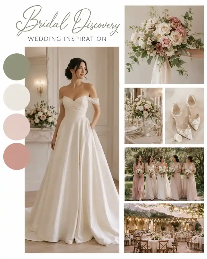 Bridal Discovery wedding inspiration mood board with a bride, bouquet, reception details, shoes, and bridesmaids