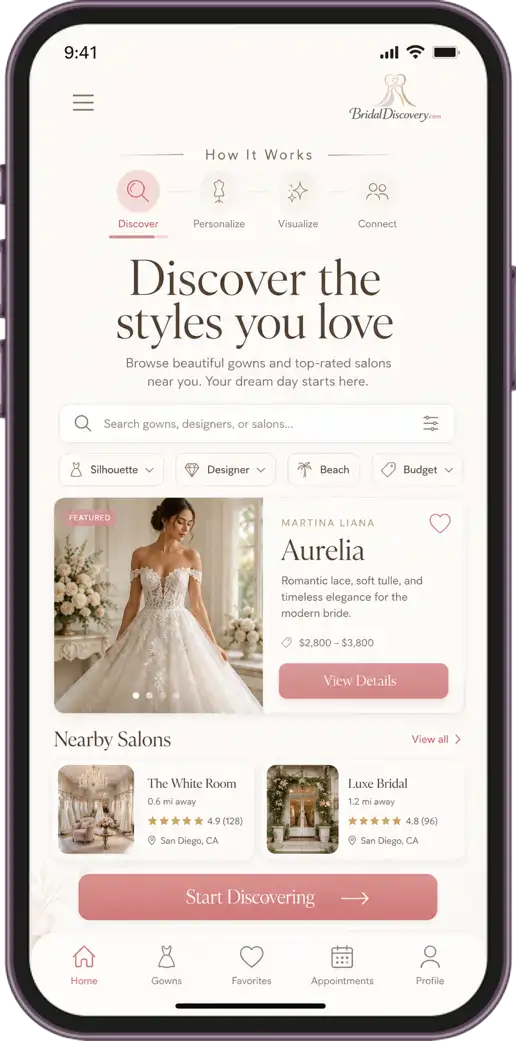 Bridal Discovery app screen for discovering wedding dresses and nearby salons
