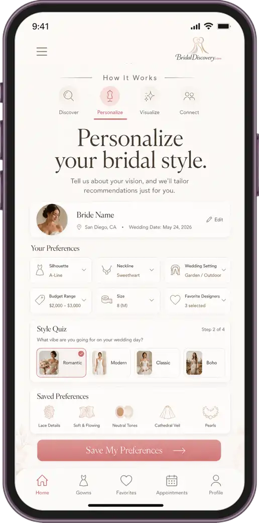 Bridal Discovery app screen for personalizing bridal style preferences